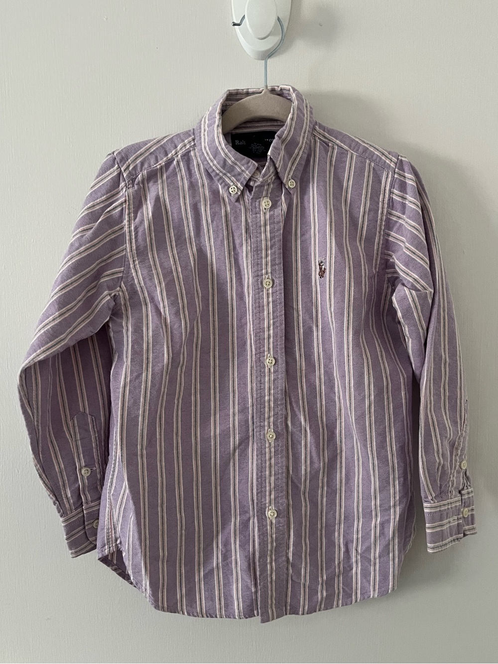 Ralph Lauren Boys Button Down Lilac Purple Vertical Stripe 100% Cotton Size 7